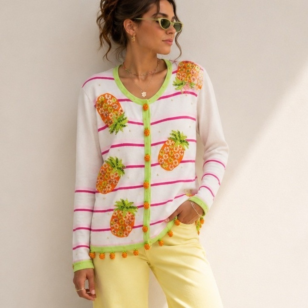 Pineapple Cardigan Sweater M Pink White Striped Beaded Grandma Cottage Whimsy